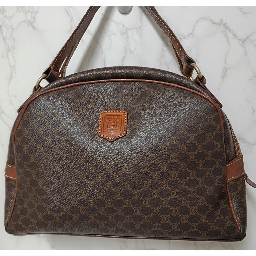 CELINE Vintage Brown Macadam Pattern Triomphe Dome Satchel w/ Dust Bag - EUC